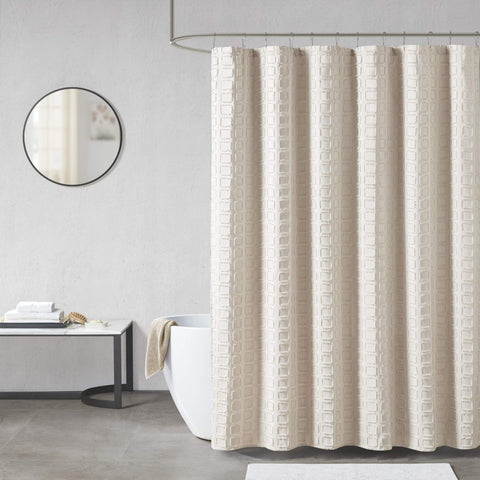 Madison Park Metro Bathroom Shower, Textured Woven Clipped Design Modern Mid-Century Privacy Bath Fabric Curtains, 72"x72", Sand