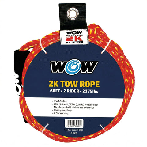 Wow Sports 2K Tow Rope for Towable Tubes - 60 ft - 16-Strand Braided Polypropylene - Floating Foam Buoy - 1-2 Riders