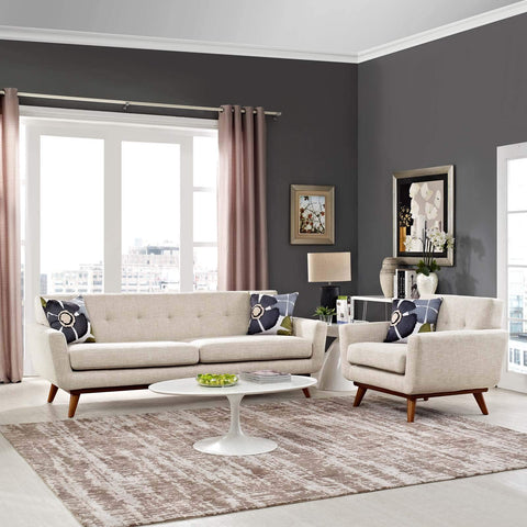 Modway Engage Mid-Century Modern Upholstered Sofa and Armchair Set in Beige