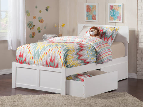 Orlando Twin Extra Long Platform Bed with Flat Panel Footboard and Turbo Charger with Urban Bed Drawers in White