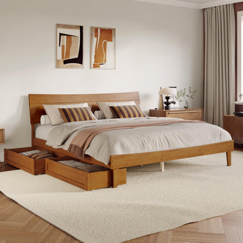 AFI, Phoenix King Wood Platform Bed with Storage Drawers, Light Toffee