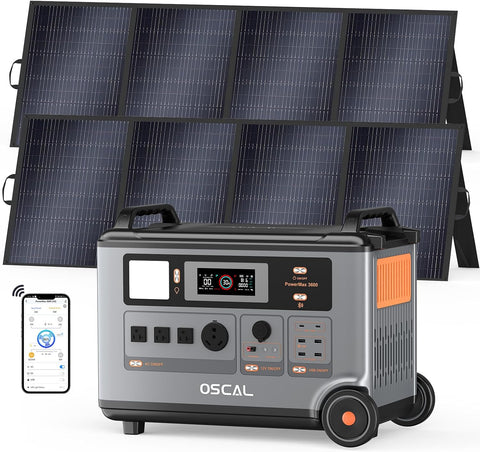 OSCAL 3600Wh Power Station with 2×400W Solar Panel PowerMax 3600, Solar Generator with 4 AC Outlets (6000W Peak), 1.2H Full Charging, APP Control Emergency Power Station for Home, Camping & RVs
