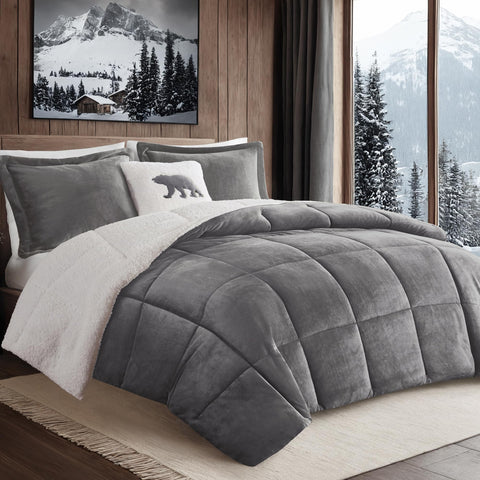 Woolrich Reversible Comforter Set Ultra Soft Plush to Sherpa, Down Alternative, Cold Weather Winter Warm Bedding, with Matching Sham, Decorative Pillow Charcoal/Ivory Full/Queen 4 Piece