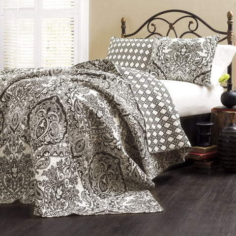 Fast Furnishings Queen Size 3-Piece Quilt Set 100-Percent Cotton in Charcoal Damask