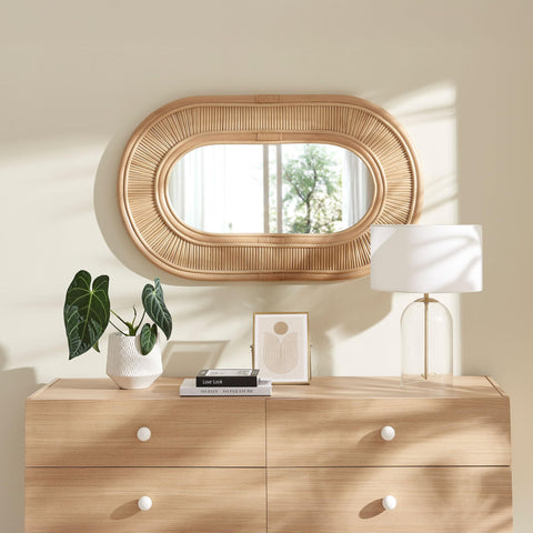 Modway Sovana Oval Rattan Wall Mirror in Natural – Large Boho Mirror for Living Room, Hallway, Bathroom, Vanity