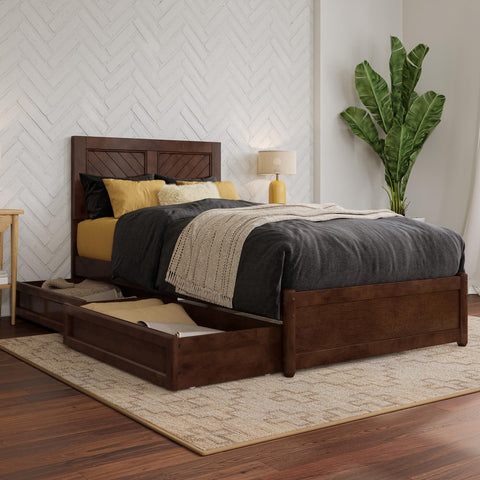 AFI, Clayton Twin XL Platform Bed with Panel Footboard and Storage Drawers, Walnut