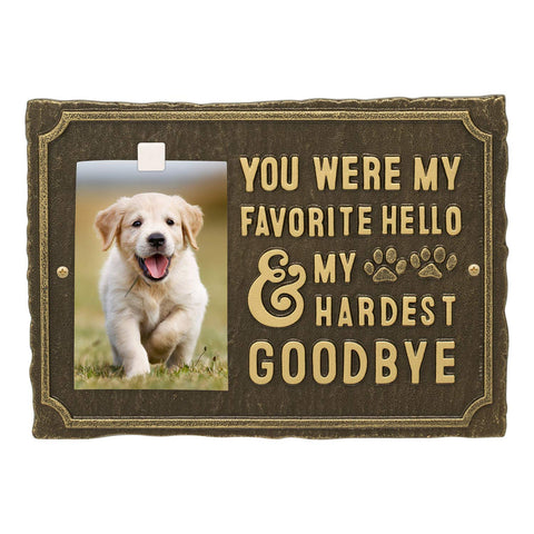 Whitehall Pet Memorial Photo Plaque - Cast Aluminum You were My Favorite Hello and My Hardest Goodbye Wall Sign with Paw Prints and Picture Clip - Cat or Dog Keepsake Decor - Antique Brass