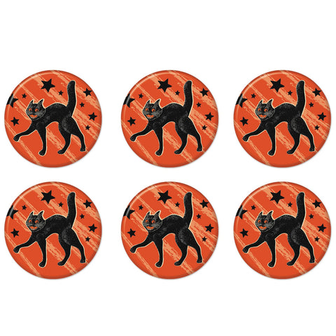 Beistle 6 Piece Retro Vintage Happy Halloween Party Favors Black Cat Pinback Buttons