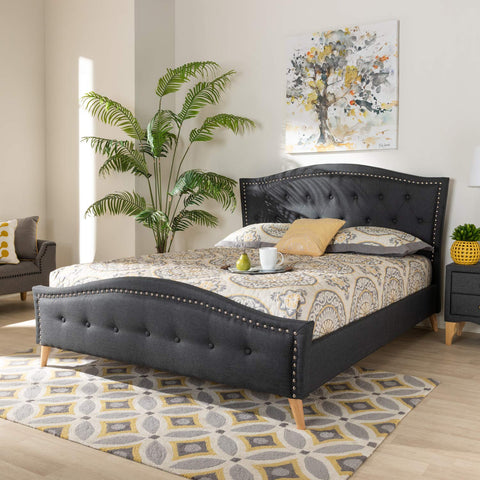 Baxton Studio Felisa Modern and Contemporary Charcoal Grey Fabric Upholstered and Button Tufted King Size Platform Bed
