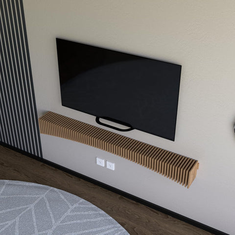 Parametric 60 inch Floating Shelf TV Unit Modern Geometric Wooden Wall Piece Decor Natural Oak Color 3D Wavy Living and Gaming Room Shelf