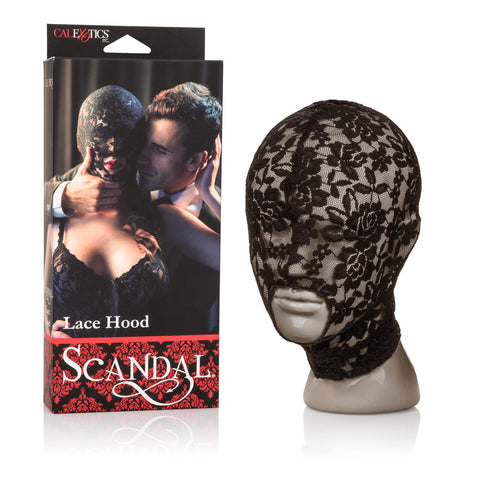 CalExotics Scandal Lace Hood – Erotic BDSM Sex Blindfold for Couples – Open Mouth Role Playing Mask - Black