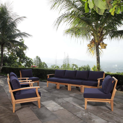 Modway EEI-1817-NAT-NAV-SET Marina Premium Grade A Teak Wood 8-Piece Outdoor Patio Furniture Set, Natural Navy