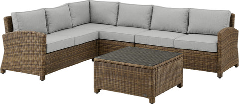 Bradenton 5Pc Wicker Outdoor Sectional Patio Furniture Set Gray/Weathered Brown - Right Side Loveseat, Left Side Loveseat, Corner Chair, Center Chair, & Sectional Glass Top Coffee Table