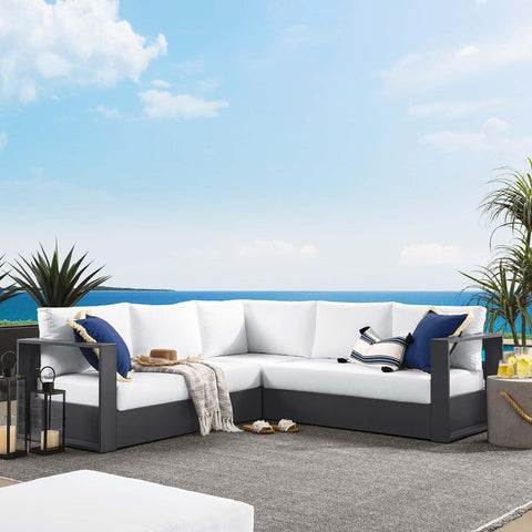 Modway Tahoe Aluminum 3-Piece Outdoor Patio Furniture Gray White, Modular Sectional Sofa Set with Weather-Resistant Cushions, Ideal for Deck, Backyard Poolside