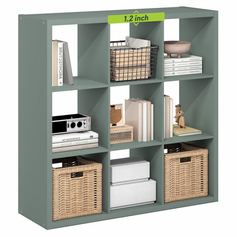 Furinno Cubicle Book Shelf, 9-Cube Bookshelf, Extra Thick Frame Reversible Bookcase with Open Back, 14.6" x 44" x 44", for Living Room, Bedroom, Home Office, Sage Green