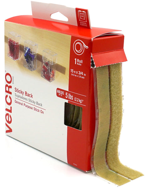VELCRO Brand Sticky Back Tape | Beige, 15 Ft Roll | Cut to Length Hook and Loop Strips with Adhesive | Peel, Stick and Mount Items Out of the Way, Keep Home and Office Organized, 90083