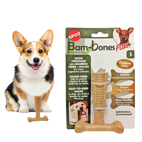 SPOT Bam-Bones Plus T-Bone, Bamboo Fiber & Nylon Dog Chew, Durable for Aggressive Chewers, Non-Splintering, for Adult Dogs & Teething Puppies Under 30lbs, 4in, Chicken Flavor