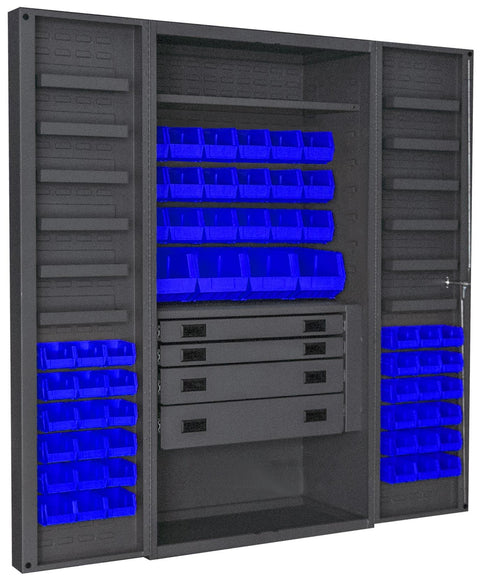 Heavy Duty Cabinet 14 Gauge 36 x 24 x 72 1 Fixed Shelf 1 Adjustable Shelf 58 Blue Bins 4 Inch Deep Box Doors with Louvered Panel 4 Drawers 12 Door Shelves Lockable Chrome Handle with Keys Gray