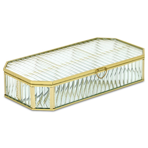 Zelara 11.625" Fluted Glass Storage Box - Gold Metal Frame with 4 Compartments and Mirrored Bottom - For Bedroom, Vanity, or Shelf Decor - By Cheungs