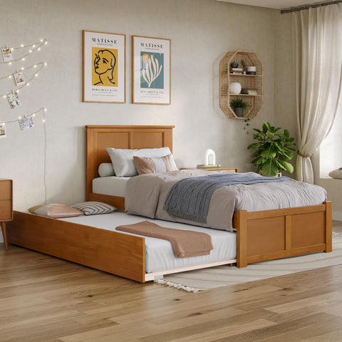 AFI Madison Twin XL Solid Wood Platform Bed with Footboard & Twin XL Trundle in Light Toffee