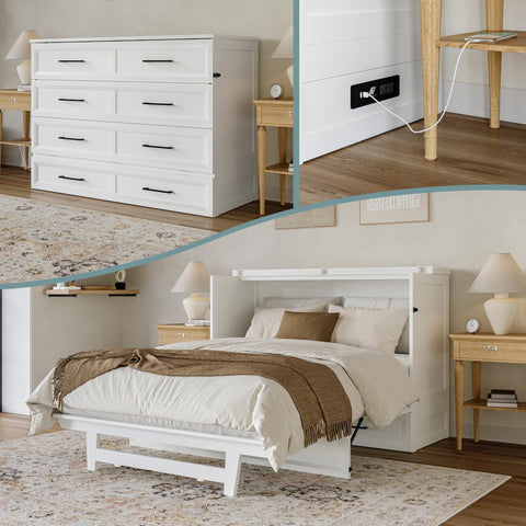 AFI, Tucson Full Wood Murphy Bed Chest with 6" Mattress, Storage Drawer & Built-in USB Charger, White