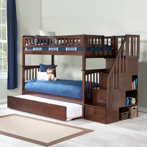 AFI Columbia Staircase Bunk with Turbo Charger and Twin Size Urban Trundle, Twin/Twin, Walnut