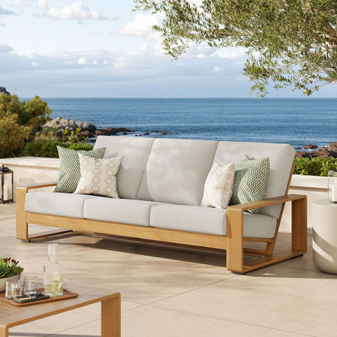 Modway Lirienne Aluminum Faux Wood Outdoor Sofa in Ivory Natural - Weather-Resistant Modern 3-Seater Patio Couch with Removable Woven Fabric Cushions