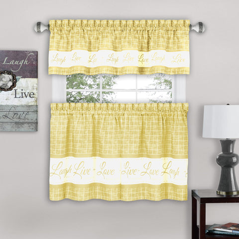 ACHIM Tier and Valance Window Curtain Set - 58 Inch Width, 24 Inch Length - Live, Love, Laugh (Yellow) - Light Filtering Drapes for Kitchen, Bedroom, Living & Dining Room Home Decor
