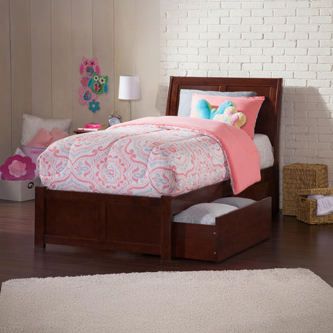 AFI Portland Twin Size Platform Bed with Footboard & Storage Drawers in Walnut