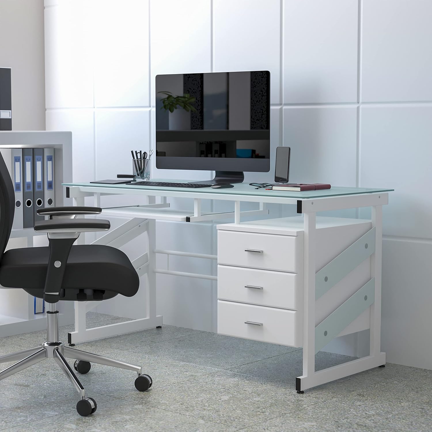 Flash Furniture Singleton White Computer Desk with Frosted Glass Top and Three Drawer Pedestal