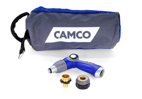 Camco 20’ Coiled Water Nozzle with Adjustable Spray Pattern Kit – Hose Design Prevents Kinking and Tangling, for Car Washing and Gardening (41980)