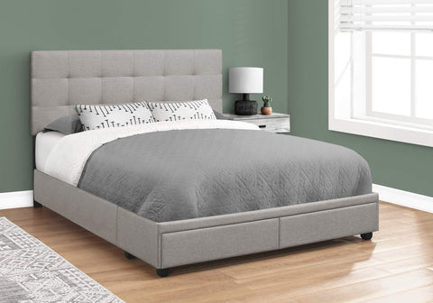 Monarch Specialties I 6020Q Bed, Queen Size, Platform, Bedroom, Frame, Upholstered, Linen Look, Wood Legs, Grey, Transitional