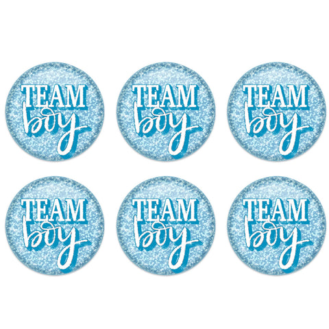 Beistle 6 Piece Prismatic Team Boy Pinback Buttons for Baby Shower Party Favors Gender Reveal Decorations, 2", Blue/White