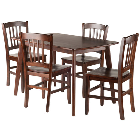 Oakestry Shaye 5-Piece Solid Wood Dining Set, Curved-Edge Table with Notched Tapered Legs & 4 Slat Back Chairs with Contoured Seats, Walnut Finish