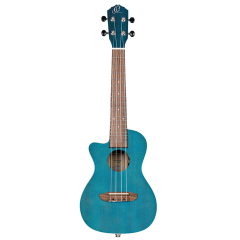 Ortega Guitars, 4-String Earth Series Concert Left-Handed Acoustic/Electric Ukulele, Transparent Ocean Blue, (RUOCEAN-CE-L)
