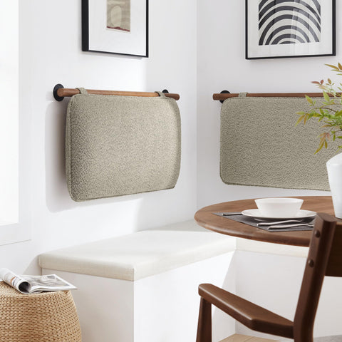 Modway Anela Chenille Upholstered Wall-Mounted Headboard Twin Size in Oat Walnut - Floating Padded Headboard with Wood Bar and Cushion for Twin Bed - Hanging Back Cushion for Bench
