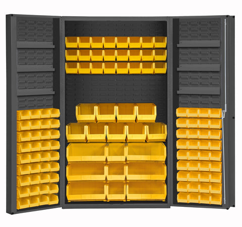 Heavy Duty Cabinet 14 Gauge 48 x 24 x 72 6 Door Shelves 114 Yellow Bins 4 Inch Deep Box Doors with Louvered Panel 6 Door Shelves Lockable Chrome Handle with Keys Gray