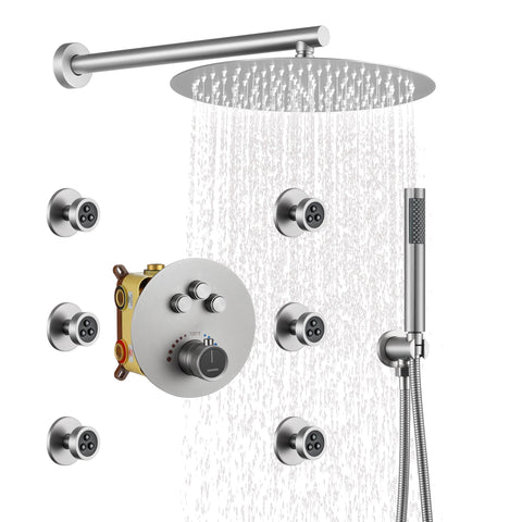 CASAINC Thermostatic Shower System 3-Function Shower Faucet Set, Wall-Mounted 12 Inch Round Shower Head with Handheld Spray Combo & 6 Body Spray Jets (Brushed Nickel)