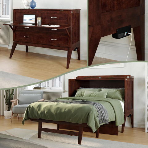AFI, Northampton Full Size Murphy Bed Desk with Memory Foam 6" Mattress and Built-in USB Charger, Walnut