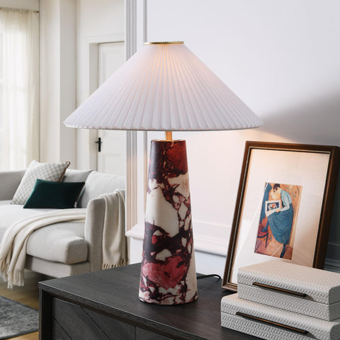 Modway Nera Table Lamp with Marble Pattern in Red – Modern Accent Lamp with Pleated Fabric Shade and Matte Brushed Metal Plate – Ambient Lighting for Living Room, Bedroom, Entryway