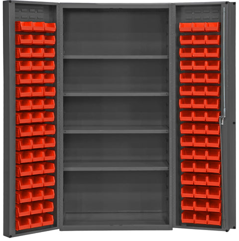 Heavy Duty Cabinet 14 Gauge 36 x 24 x 72 4 Adjustable Shelves 96 Red Bins 4 Inch Deep Box Doors with Louvered Panel Lockable Chrome Handle with Keys Gray