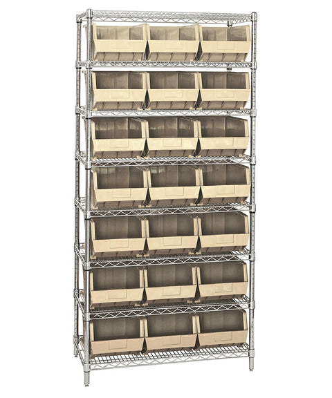 Quantum Storage Systems WR8-255IV 8-Tier Complete Wire Shelving System with 21 QUS255 Ivory Giant Open Hopper Bins, Chrome Finish, 18" Width x 36" Length x 74" Height