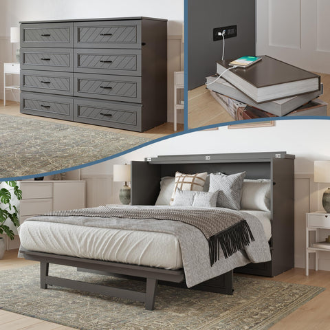 AFI, Alpine Queen Wood Murphy Bed Chest with 6" Mattress, Storage Drawer & Built-in USB Charger, Grey