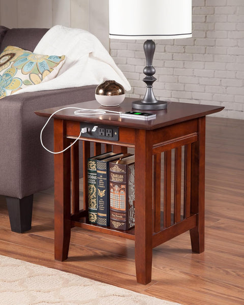 AFI, Mission End Table with Charging Station, Walnut