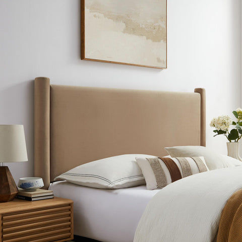 Modway Rael Full Upholstered Headboard with Pillars in Taupe – Velvet Headboard – Stain-Resistant Performance Velvet Headboard for Full Size Beds