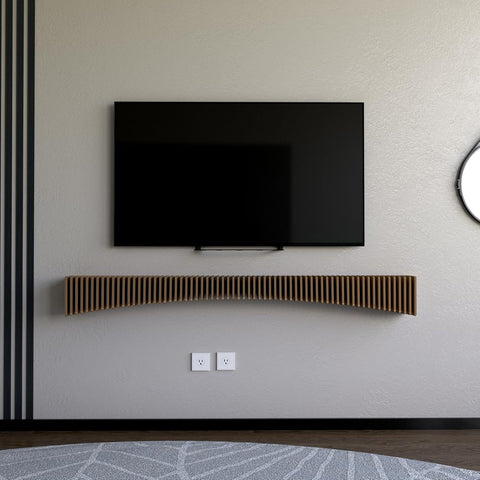 Parametric 60 inch Floating Shelf TV Unit Modern Geometric Wooden Wall Piece Decor Natural Oak Color 3D Wavy Living and Gaming Room Shelf