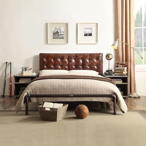 Oakestry Brancaster Tufted Leather Queen Bed Vintage Brown Upholstered Headboard Sturdy Wood Frame Contemporary Bedroom Furniture Stylish Comfortable Modern Home Décor Sleeping Solution