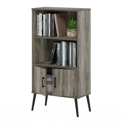 Furinno MIDCENTURY Storage Shelves, Mid-Century Style Accent Storage Cabinet with Doors and Shelves, Bookshelf with Legs, for Living Room, Home Office, Grey Oak