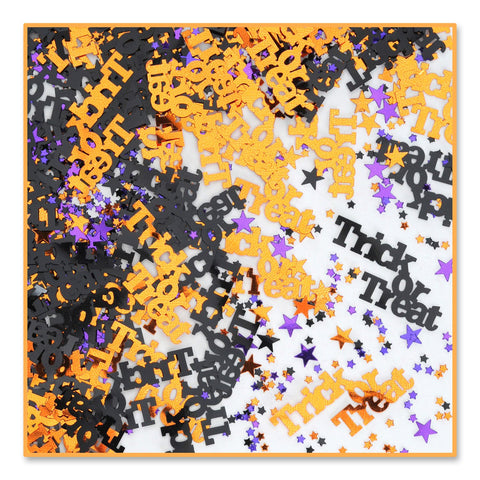 Beistle Trick or Treat Confetti ½ Oz – Halloween Plastic Table Scatter with Black, Orange & Purple Word Cutouts and Star Shapes for Party Decorations and Spooky Displays