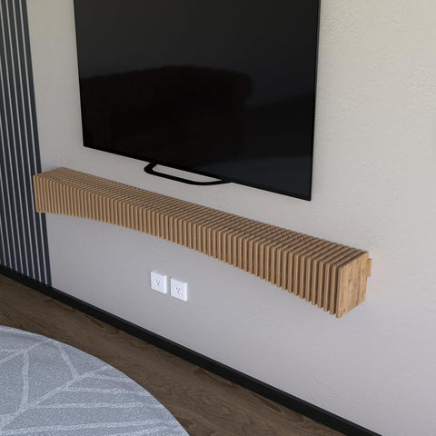 Parametric 60 inch Floating Shelf TV Unit Modern Geometric Wooden Wall Piece Decor Natural Oak Color 3D Wavy Living and Gaming Room Shelf